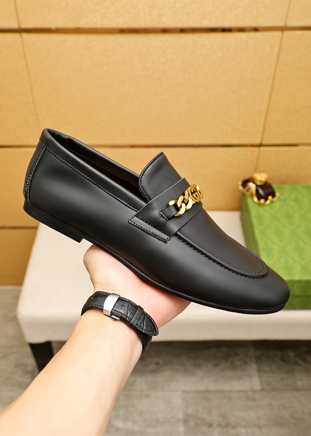 Gucci Leather Chain Loafers — model