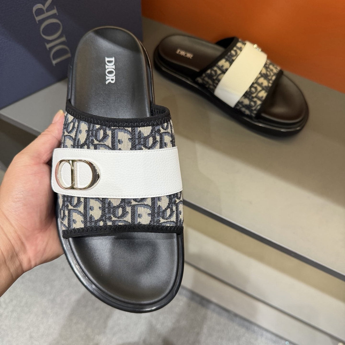 Dior Patterned Buckle Slide Sandals — model