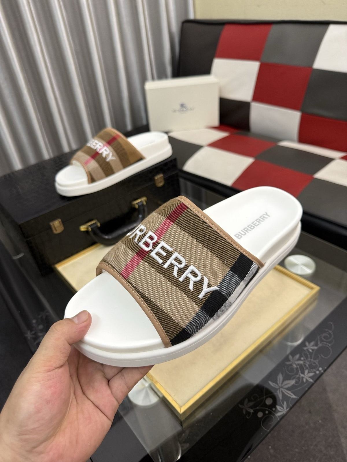 Burberry Check Logo Slide Sandals — front