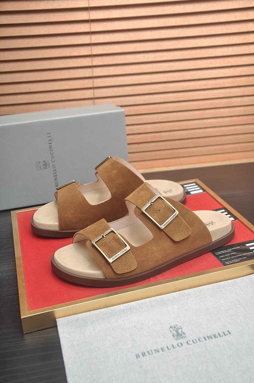 Brunello Cucinelli Tan Double-Buckle Slide Sandals — side