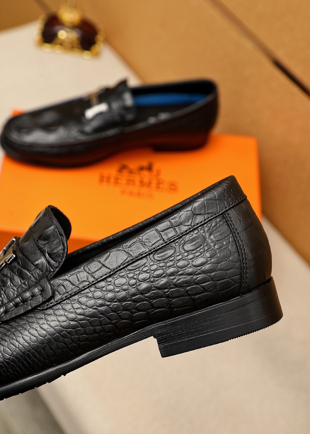 Hermès Textured Metal-Hardware Loafers — back