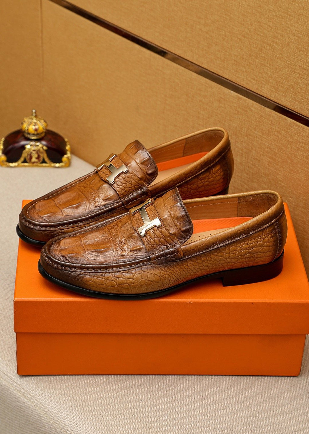 Hermès Textured Metal-Hardware Loafers — front