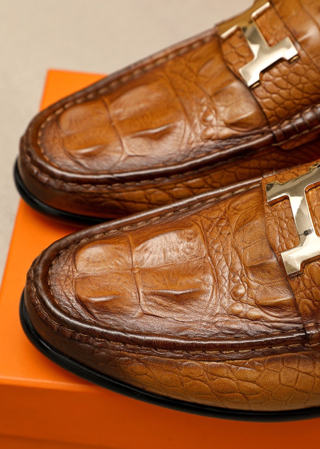 Hermès Textured Metal-Hardware Loafers — detail