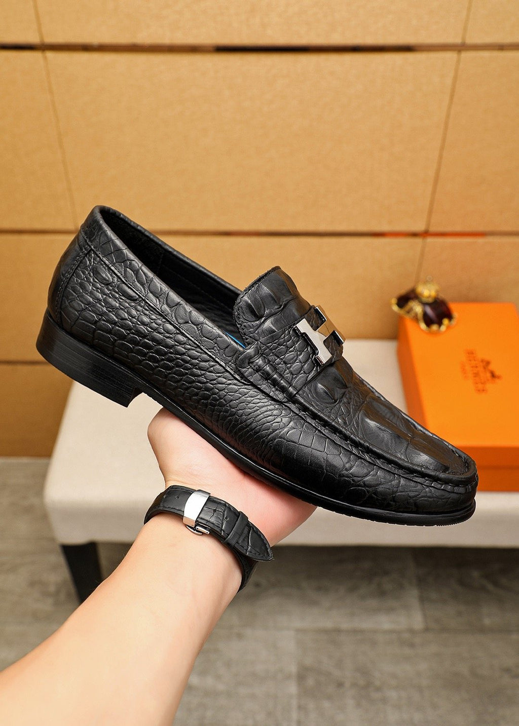 Hermès Textured Metal-Hardware Loafers — side