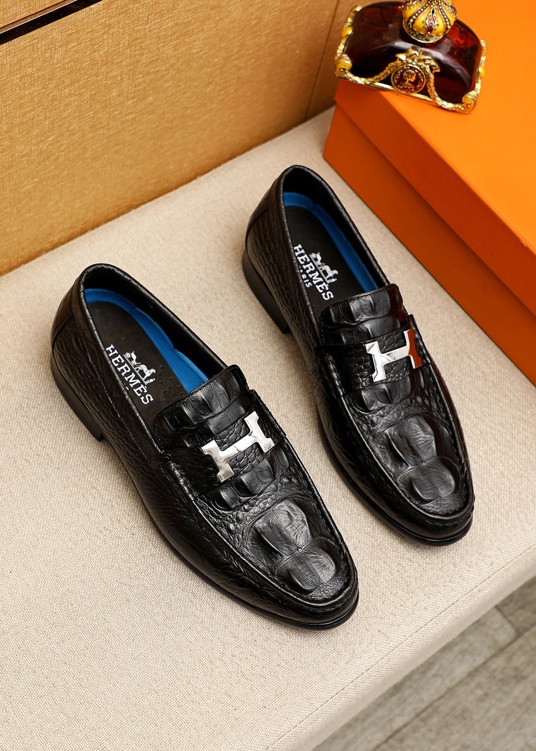 Hermès Crocodile-Embossed H-Hardware Loafers — front
