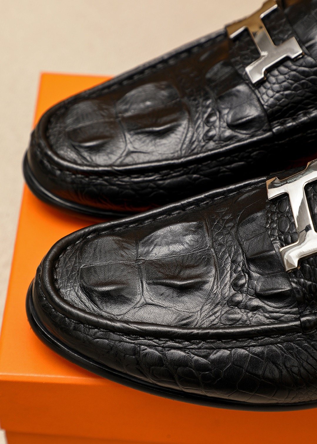 Hermès Textured Metal-Hardware Loafers — detail