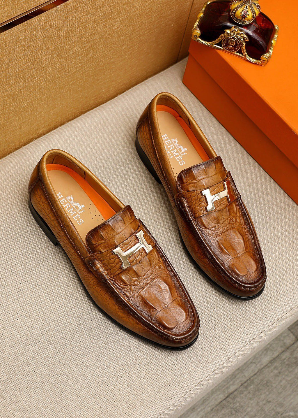 Hermès Textured Metal-Hardware Loafers — hero