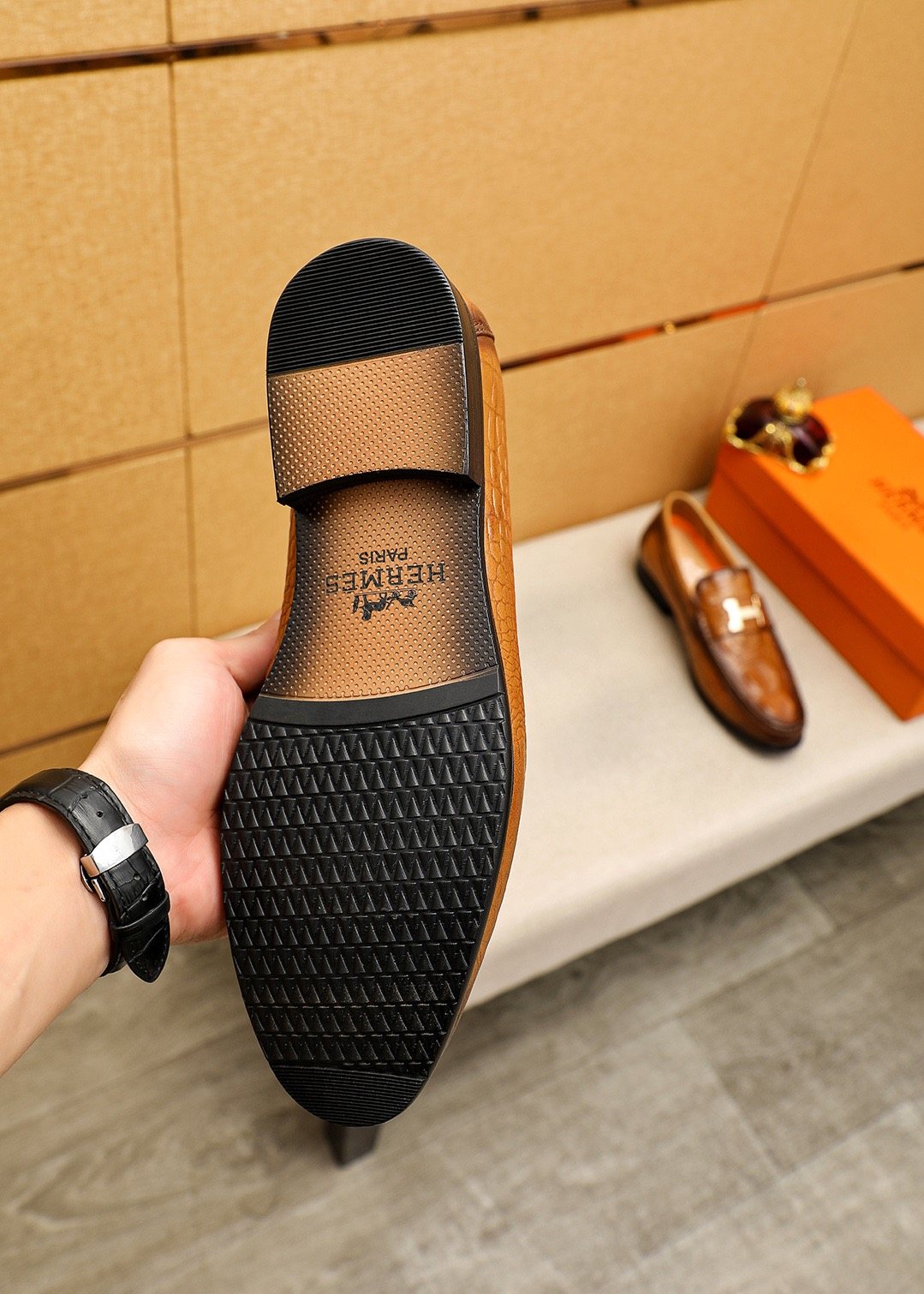 Hermès Textured Metal-Hardware Loafers — detail