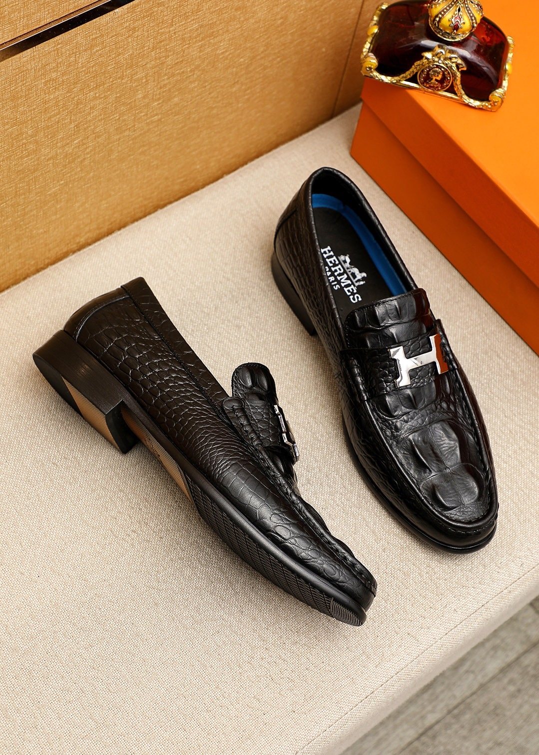 Hermès Crocodile-Embossed H-Hardware Loafers — front