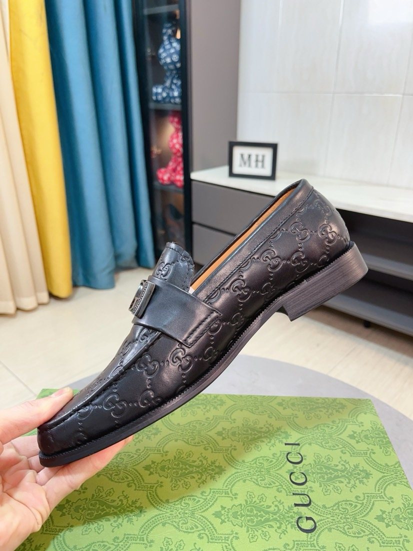 Gucci Embossed Metal-Hardware Loafers — side