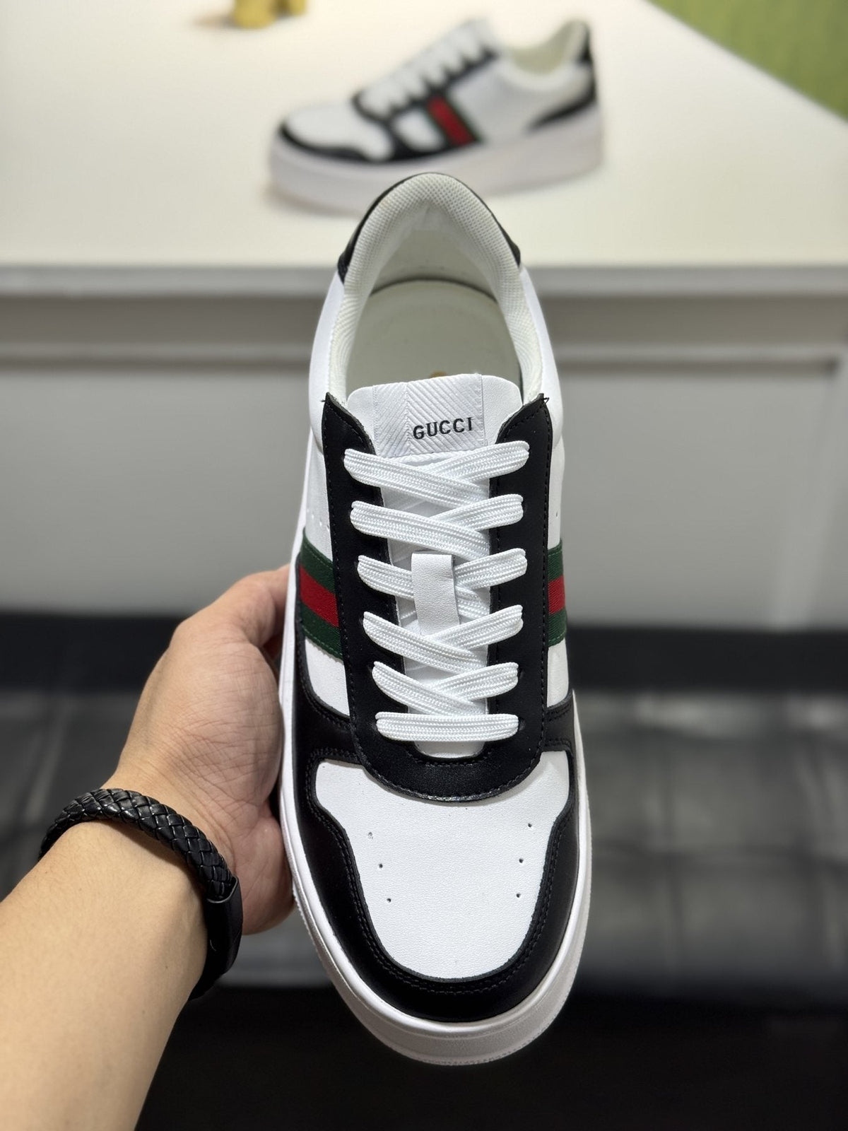 Gucci White Green-Red Stripe Sneakers — front