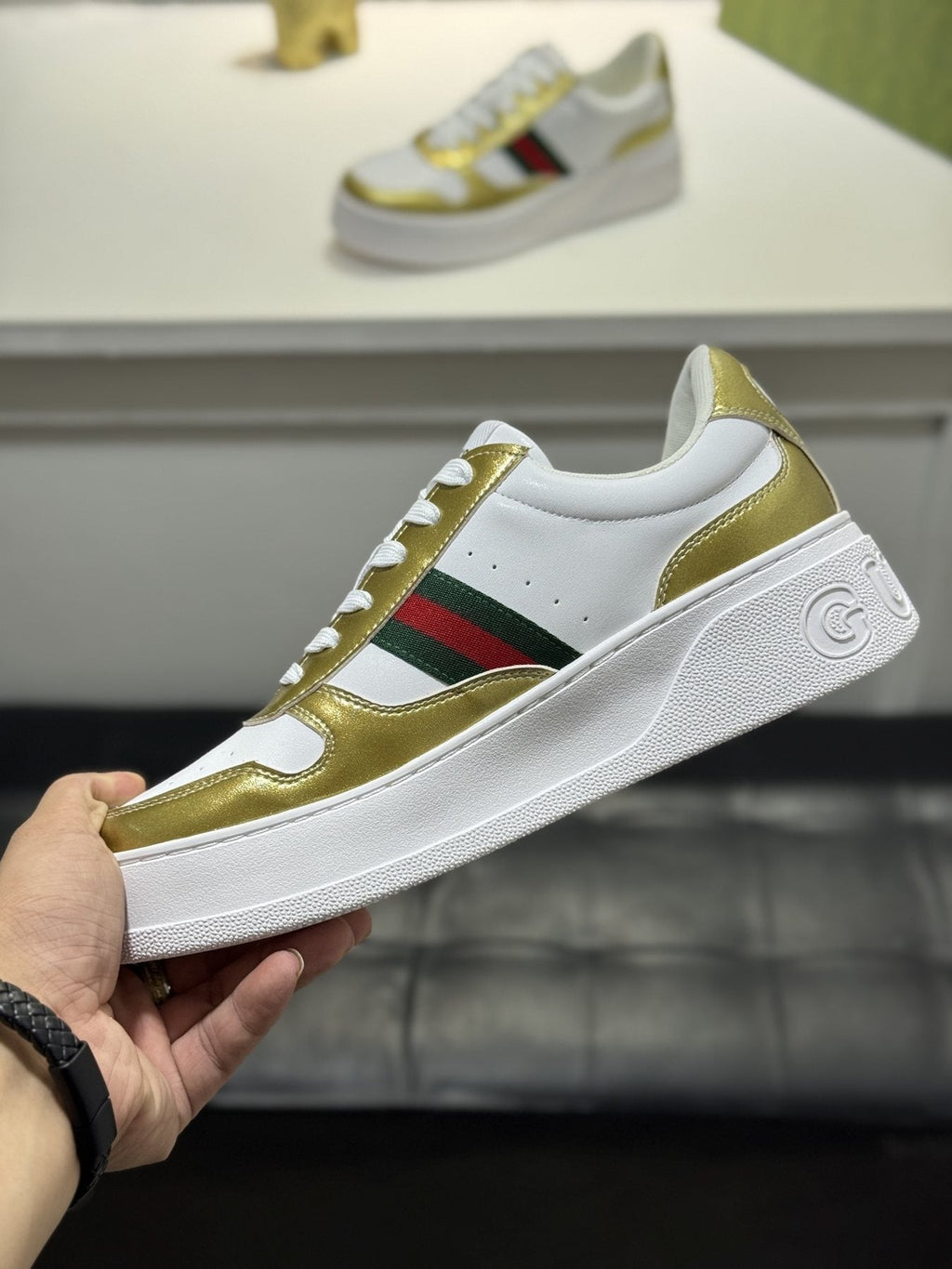 Gucci White Green-Red Stripe Sneakers — side