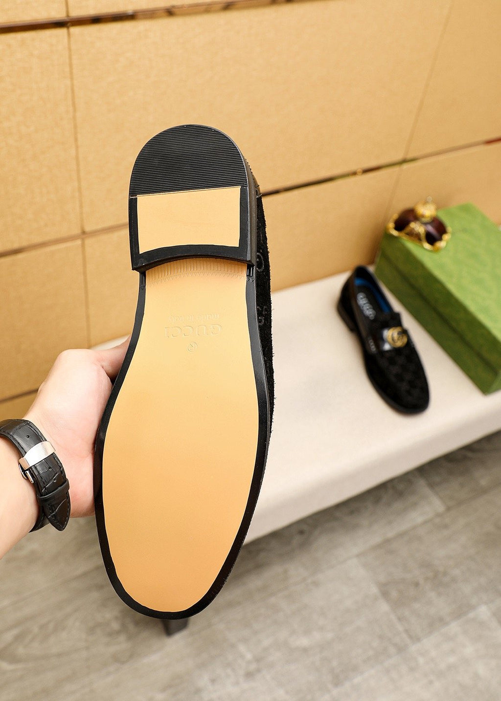 GUCCI Monogram Logo-Hardware Loafers — detail
