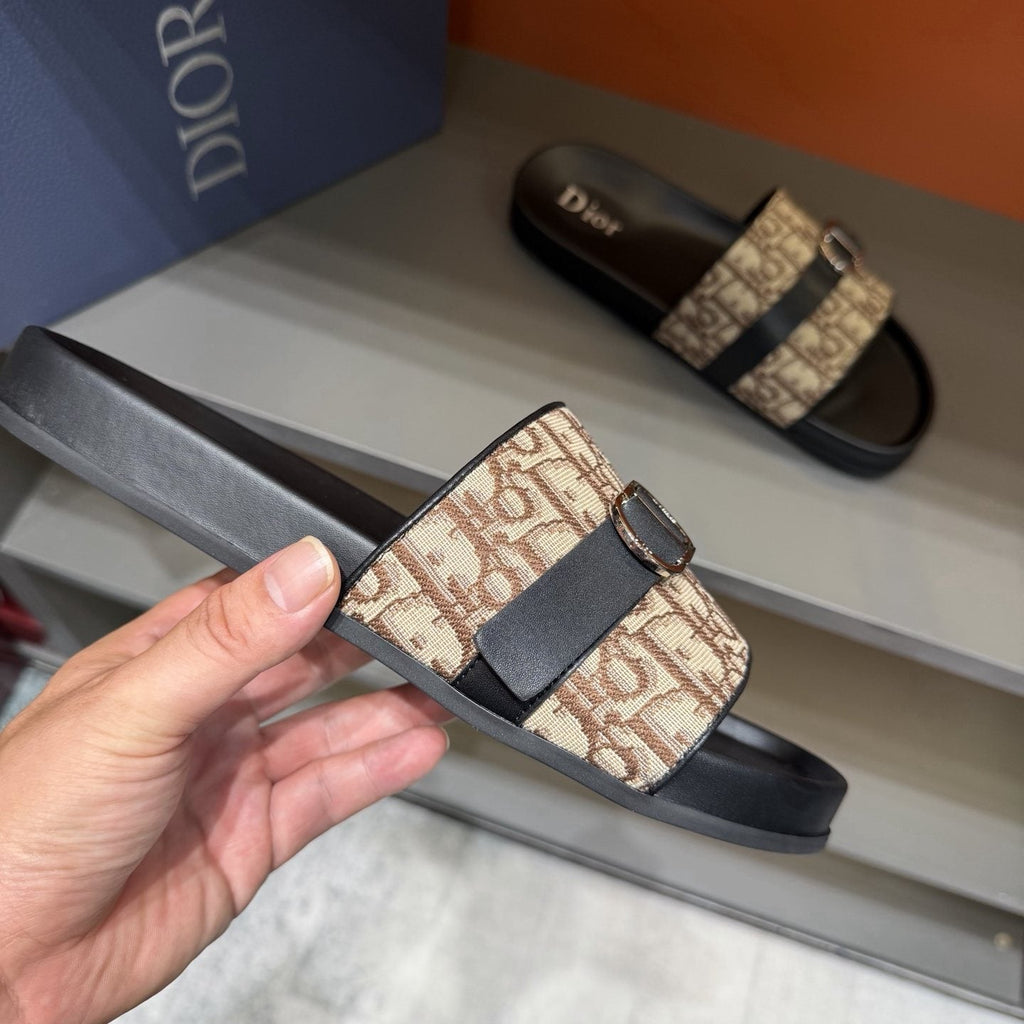Dior Blue-Gray Pattern Slide Sandals — front