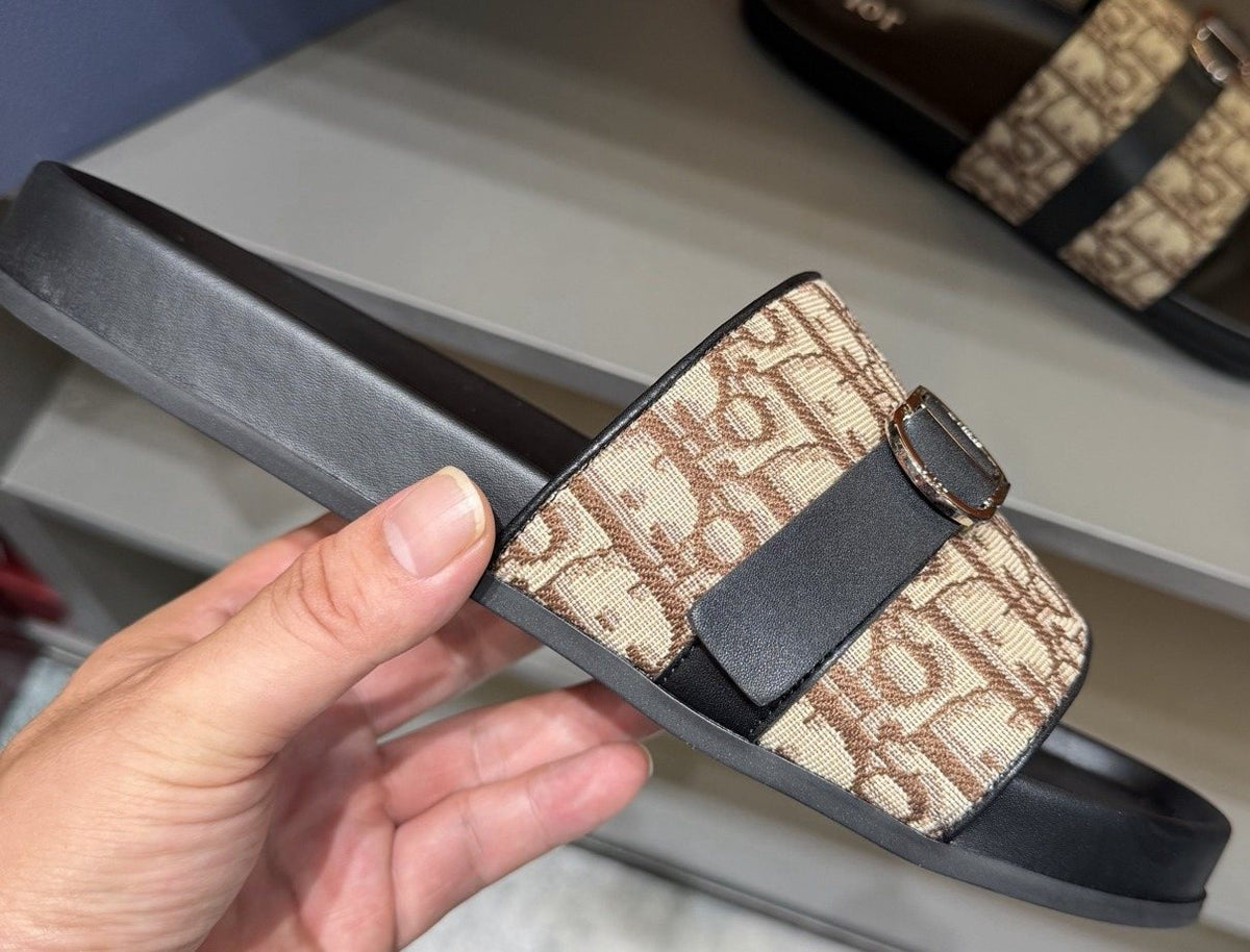 Dior Blue-Gray Pattern Slide Sandals — front