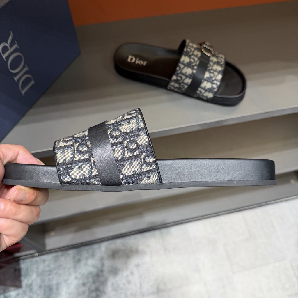 Dior Blue-Gray Pattern Slide Sandals — side