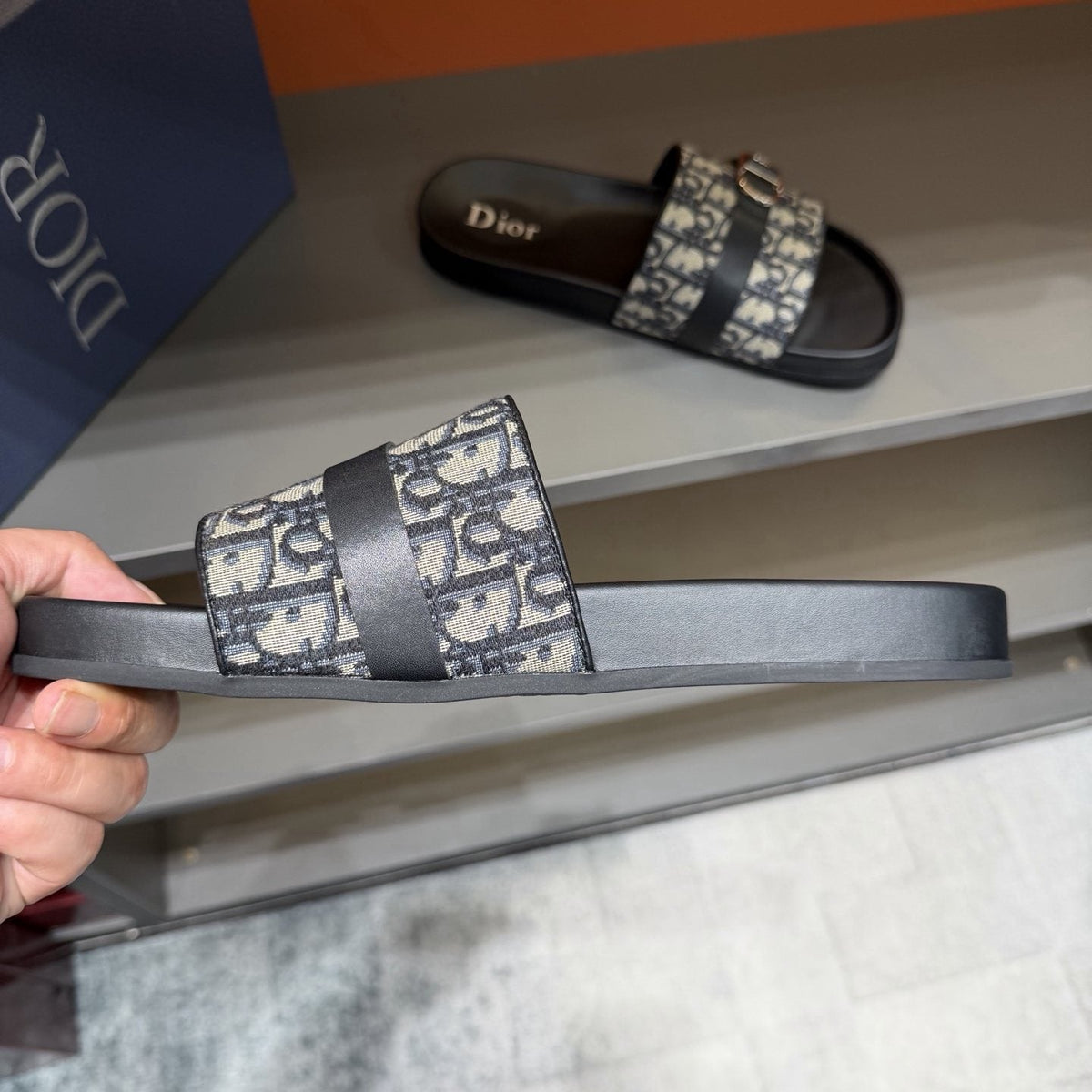 Dior Blue-Gray Pattern Slide Sandals — side