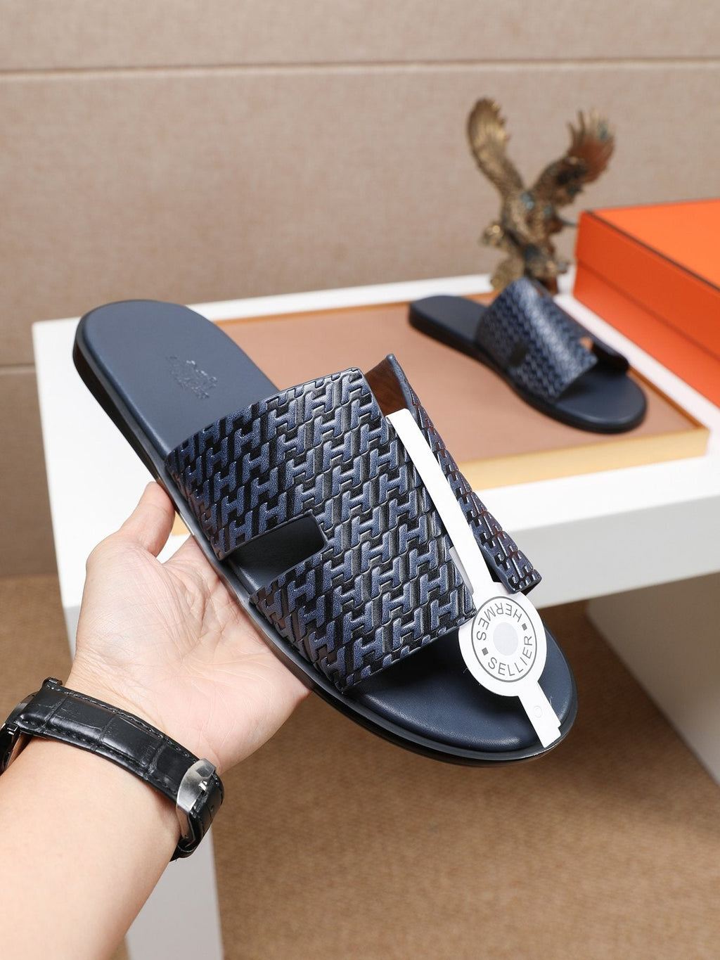 Hermès Textured H Slide Sandals — model