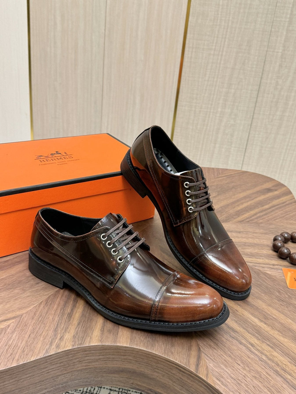 Hermès Polished Leather Lace-Up Dress Shoes — model