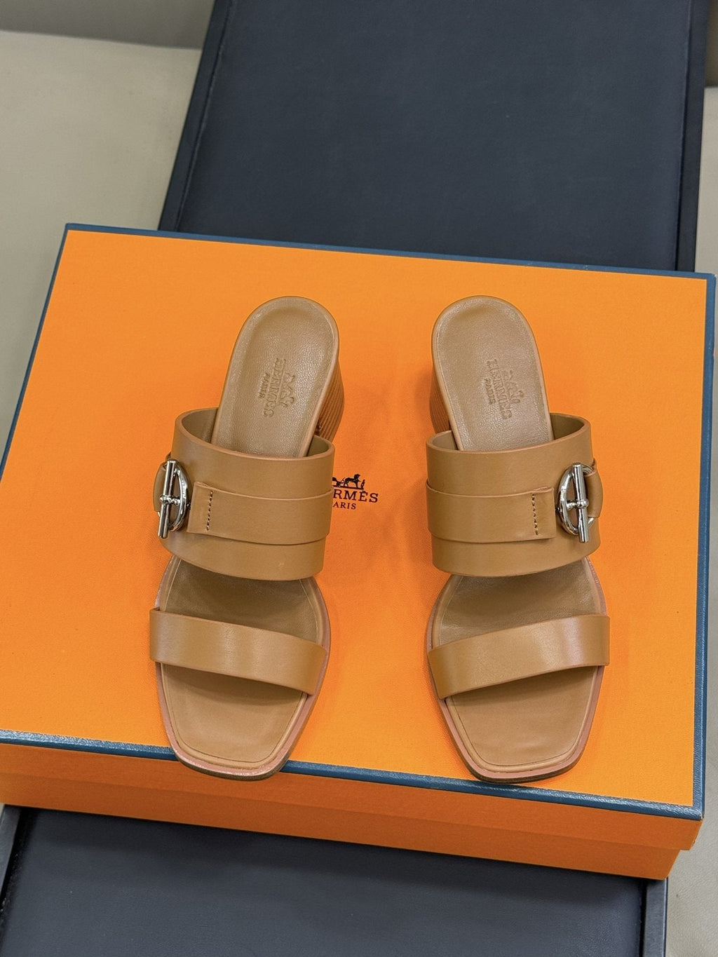 Hermès Kute Buckle Block-Heel Slide Sandals — front