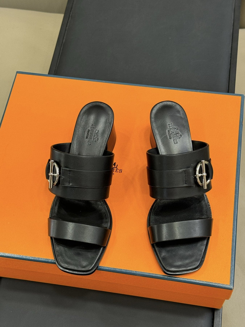 Hermès Kute Buckle Block-Heel Slide Sandals — front