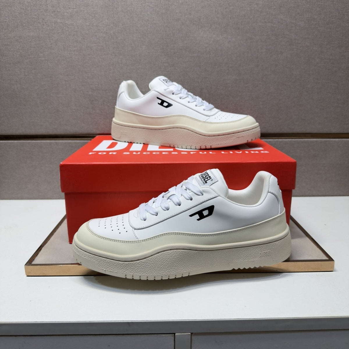 Diesel White Perforated Low-Top Sneakers — side