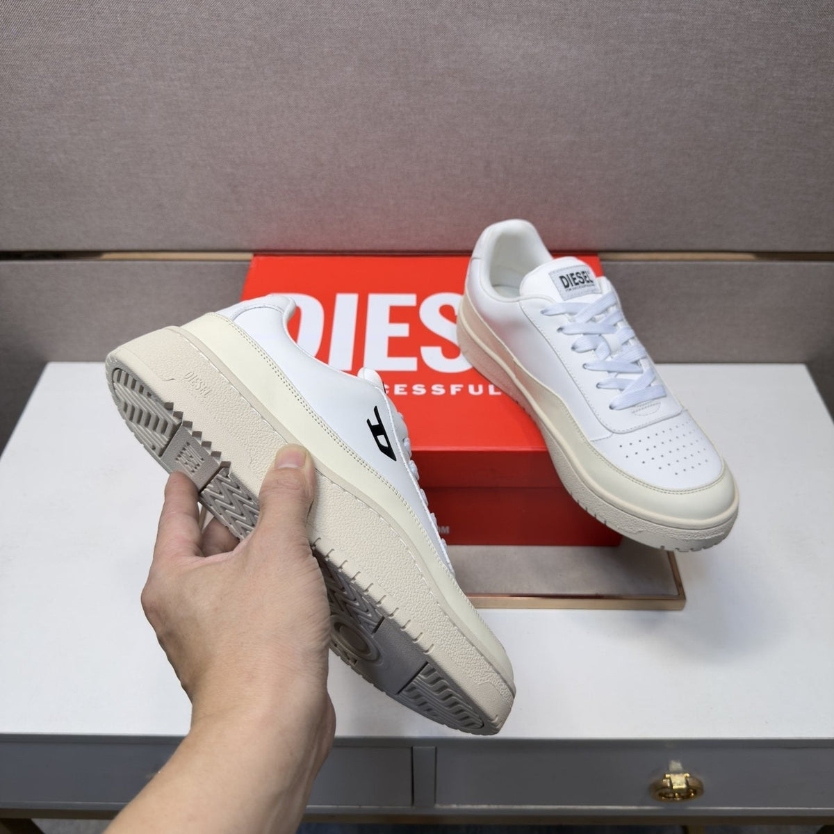 Diesel White Perforated Low-Top Sneakers — detail