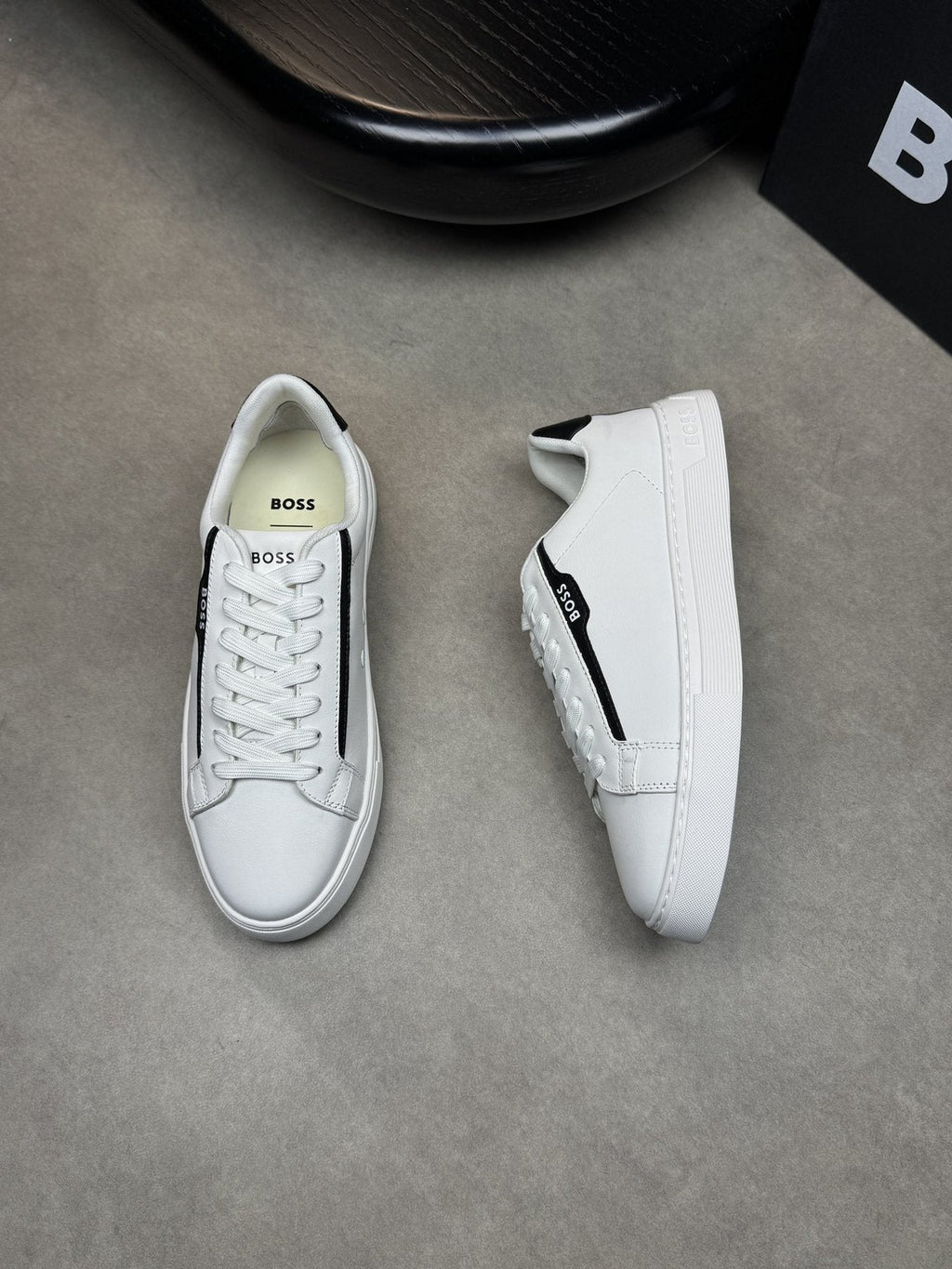 BOSS White Green Low-Top Sneakers — front
