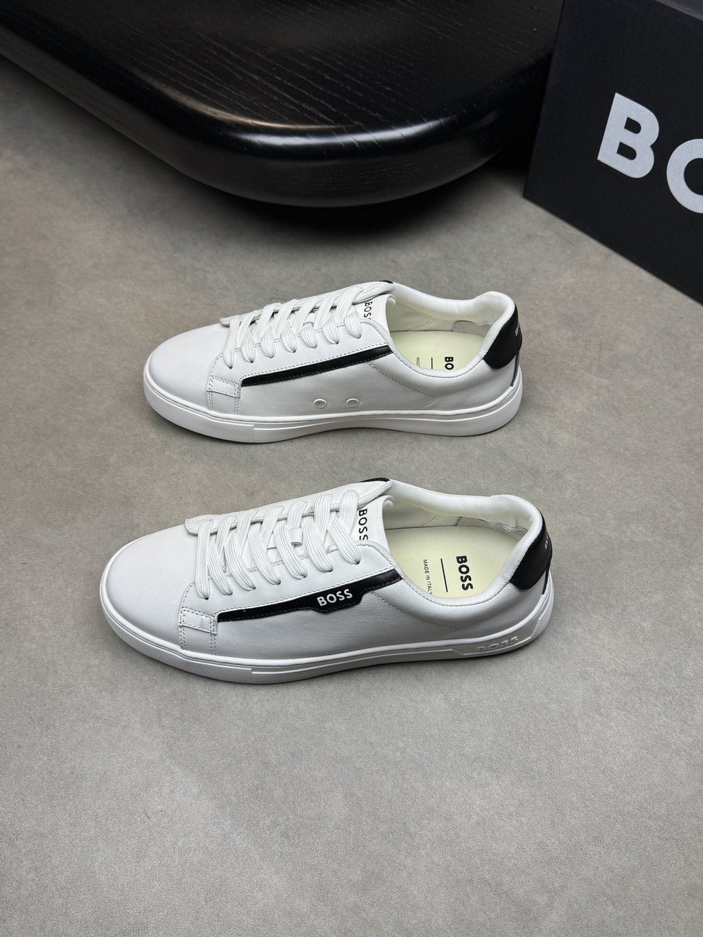 BOSS White Green Low-Top Sneakers — front