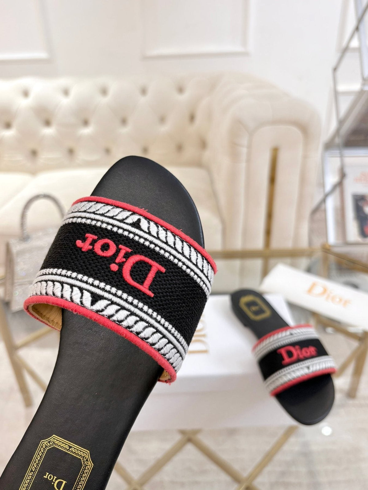 Dior Embroidered Logo Slide Sandals — detail