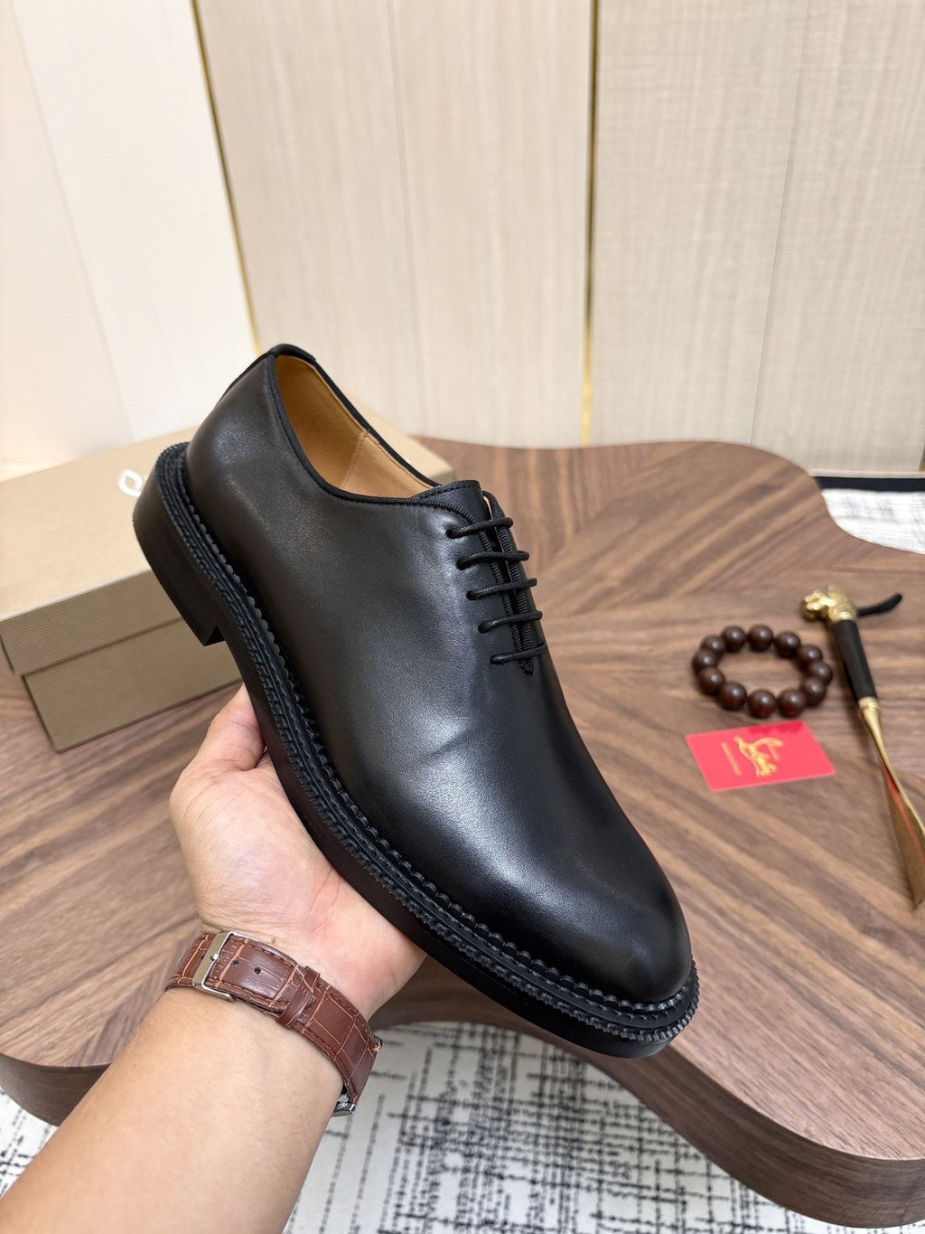 Black Lace-Up Dress Shoes with Red Outsole — model