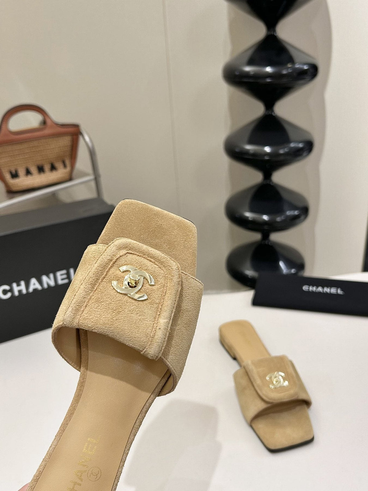 Chanel Square-Toe Emblem Slide Sandals — side