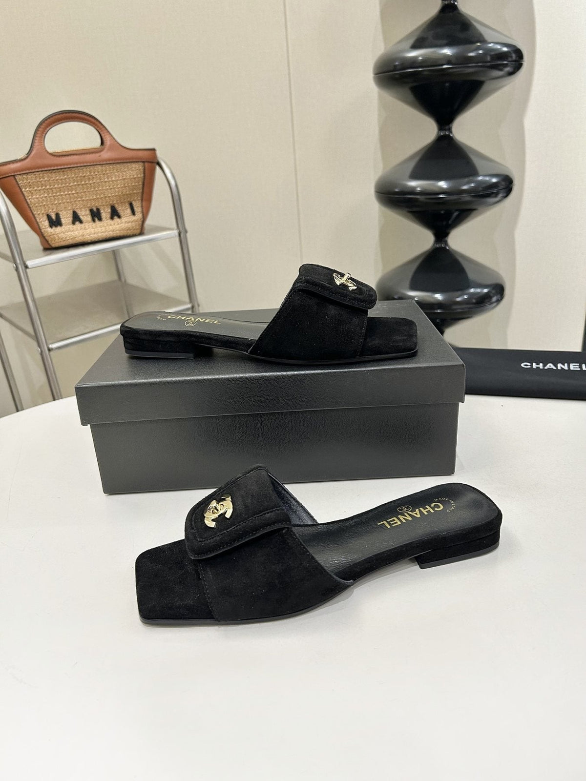 Chanel Square-Toe Emblem Slide Sandals — front