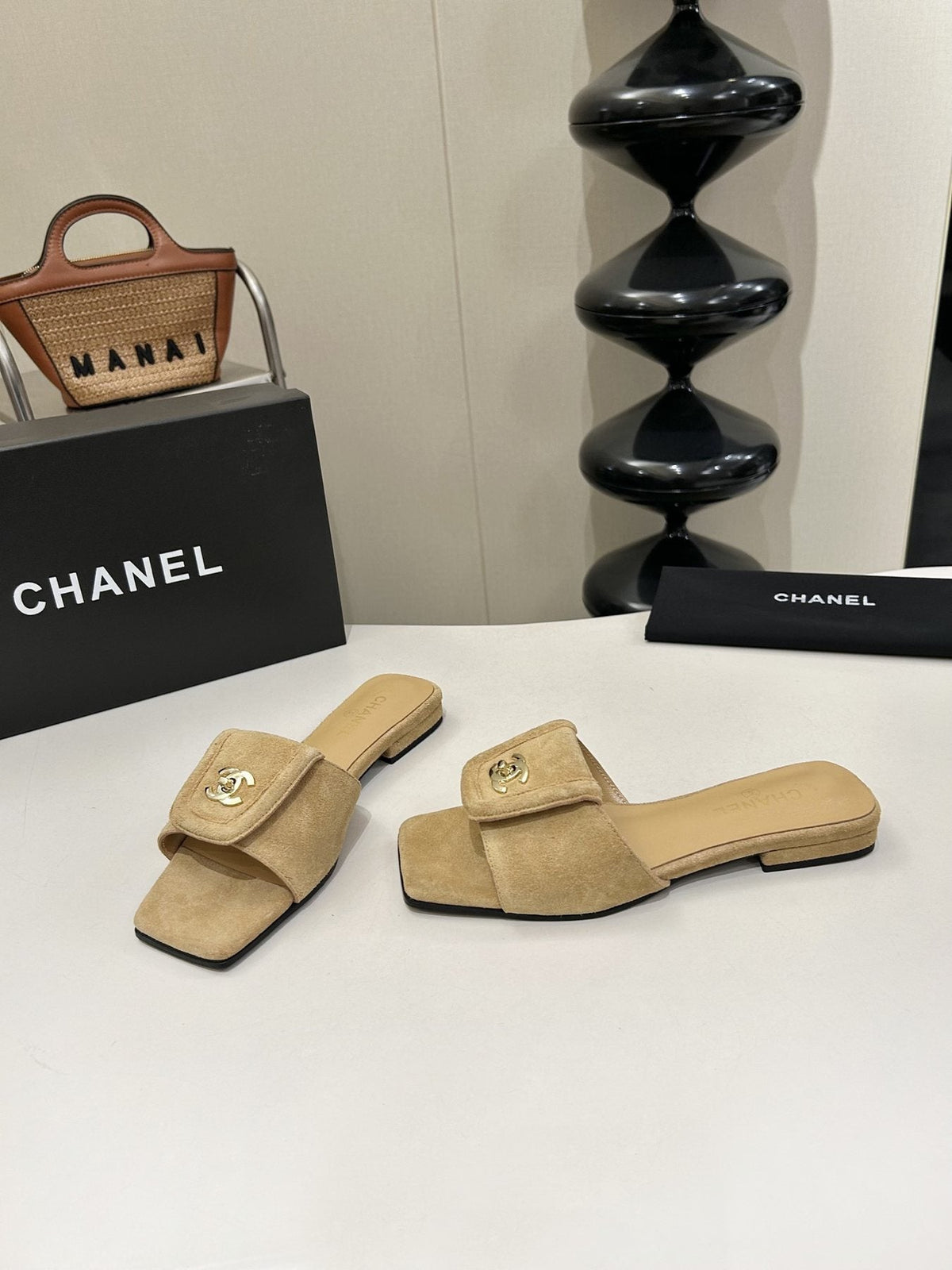 Chanel Square-Toe Emblem Slide Sandals — side