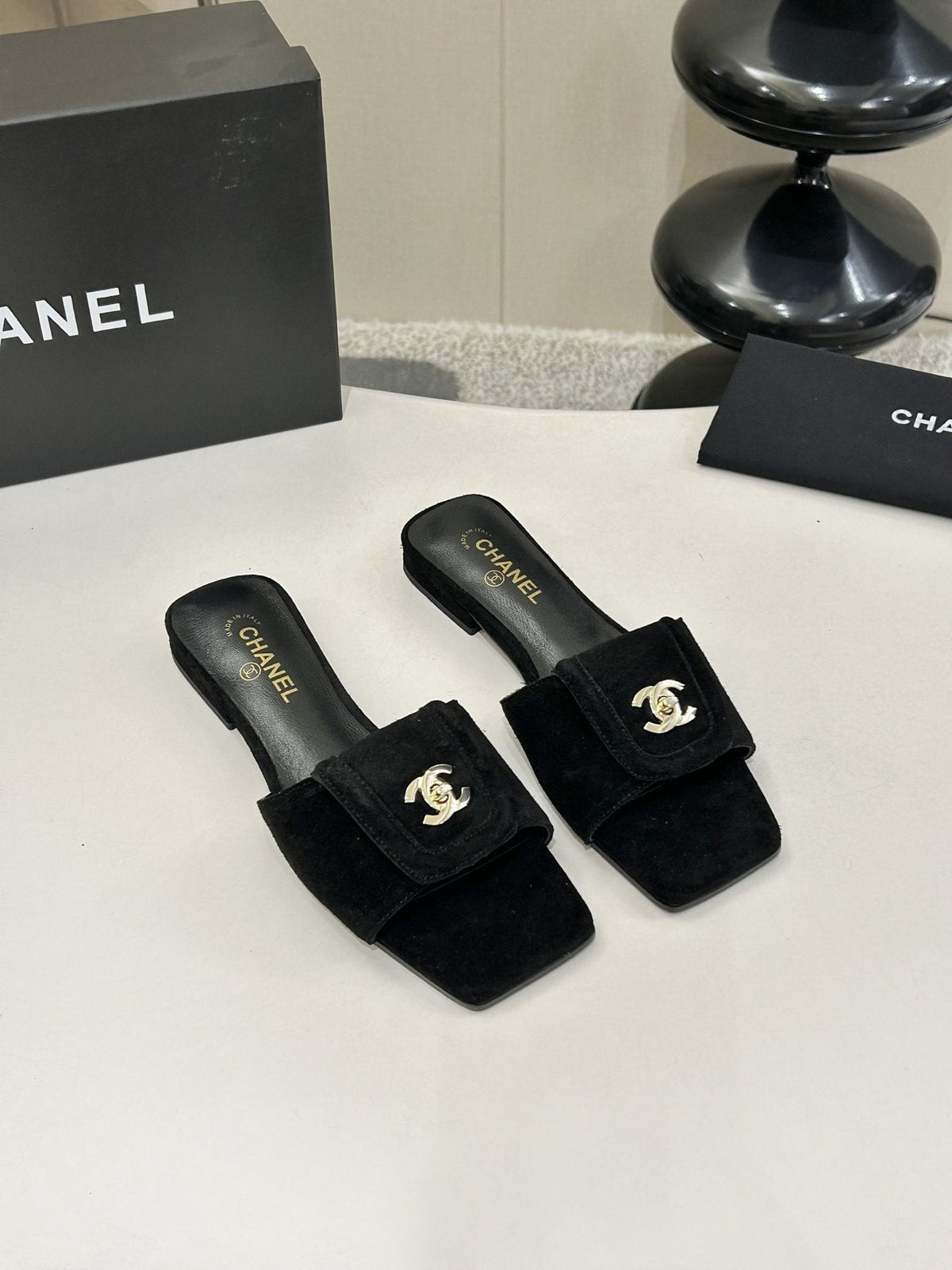 Chanel Square-Toe Emblem Slide Sandals — front