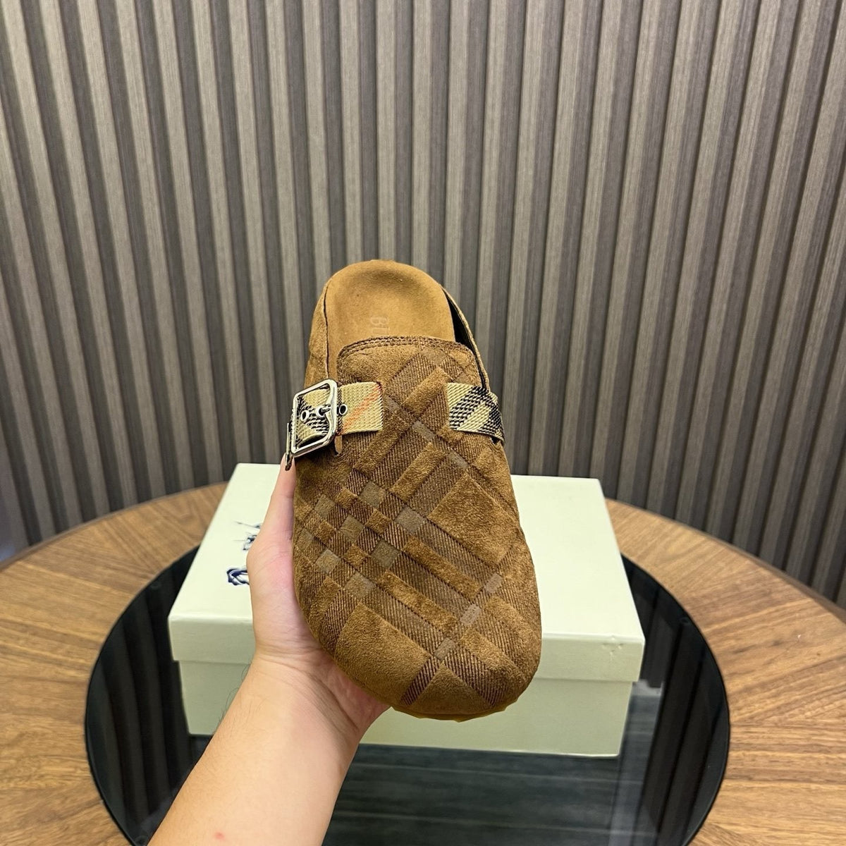 Burberry Brown Plaid Buckle Mule Slippers — model