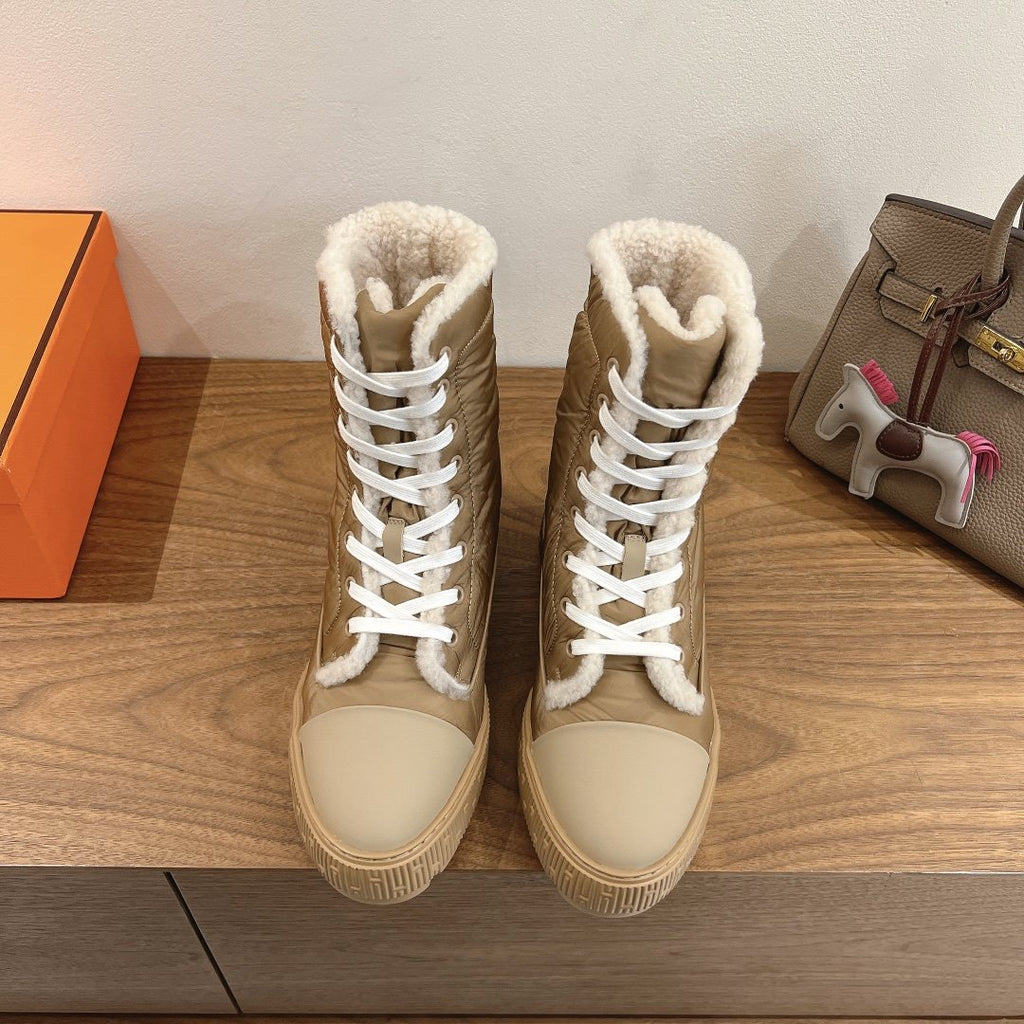 Hermès Taupe and Cream Lace-Up Mid-Calf Boots — front
