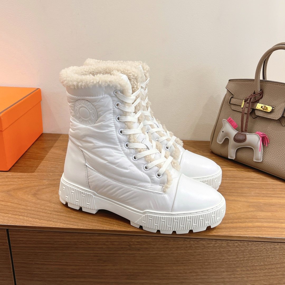 Hermès Taupe and Cream Lace-Up Mid-Calf Boots — side