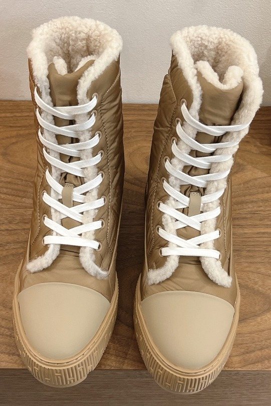 Hermès Taupe and Cream Lace-Up Mid-Calf Boots — hero