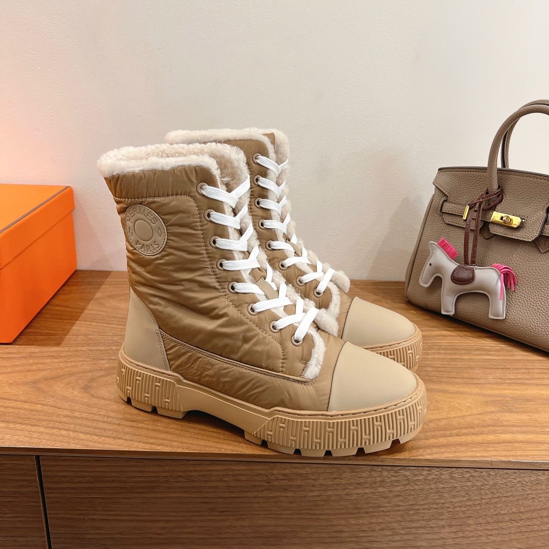 Hermès Taupe and Cream Lace-Up Mid-Calf Boots — side