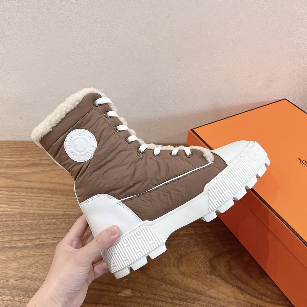 Hermès Taupe and Cream Lace-Up Mid-Calf Boots — detail