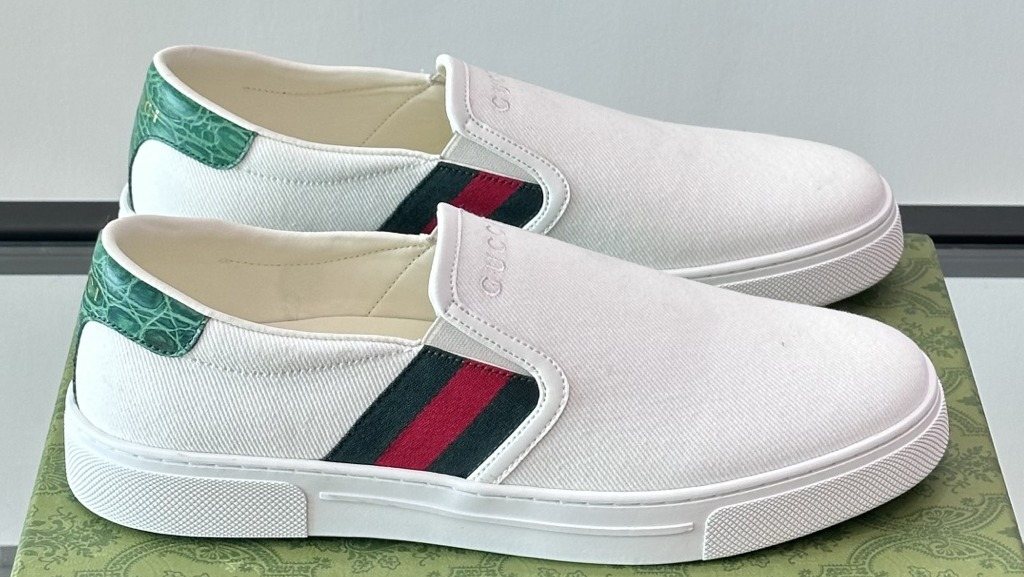 Gucci White Striped Slip-On Shoes — hero