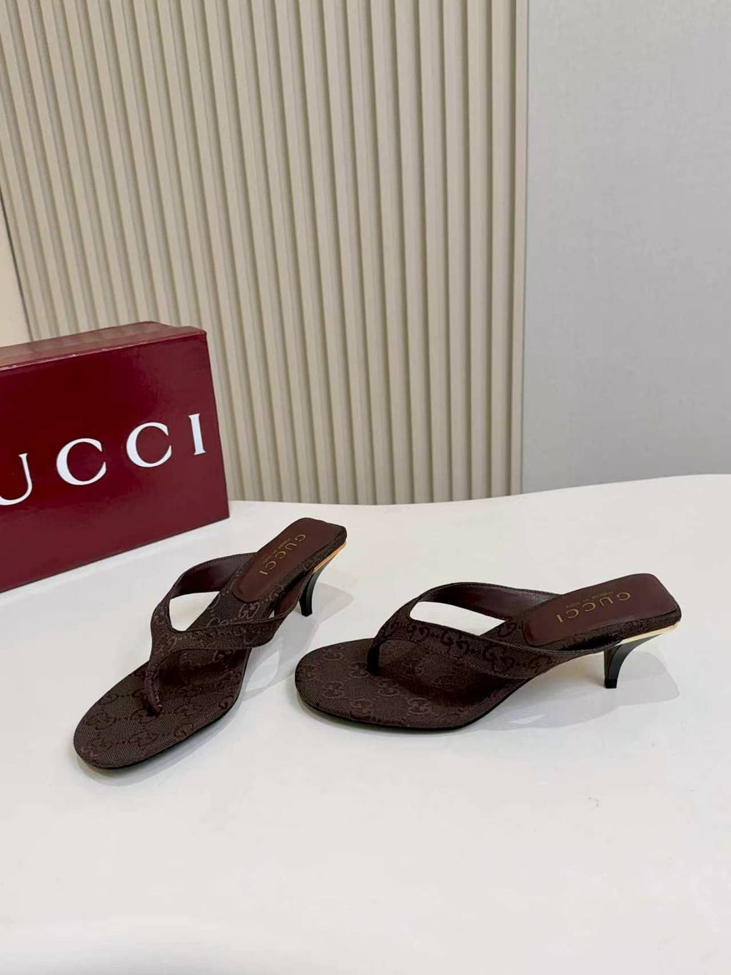 Gucci Monogram Thong Slingback Heeled Sandals — front